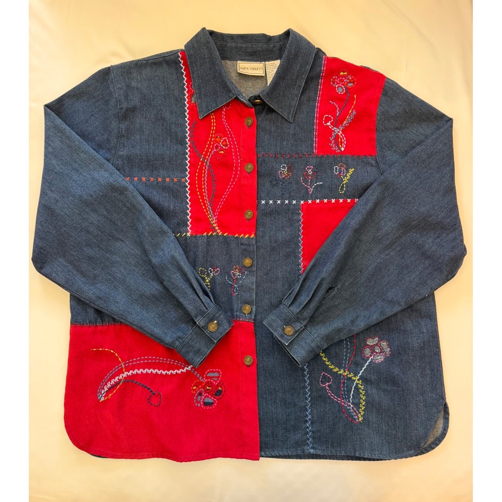 90s Vintage Napa Valley Patchwork Denim Shacket XL Floral Embroidered Shirt